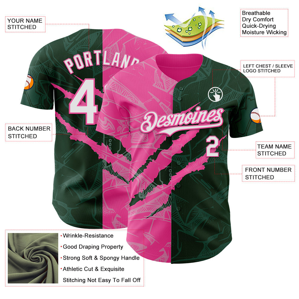 Custom Graffiti Pattern White Green-Pink 3D Scratch Authentic Baseball Jersey
