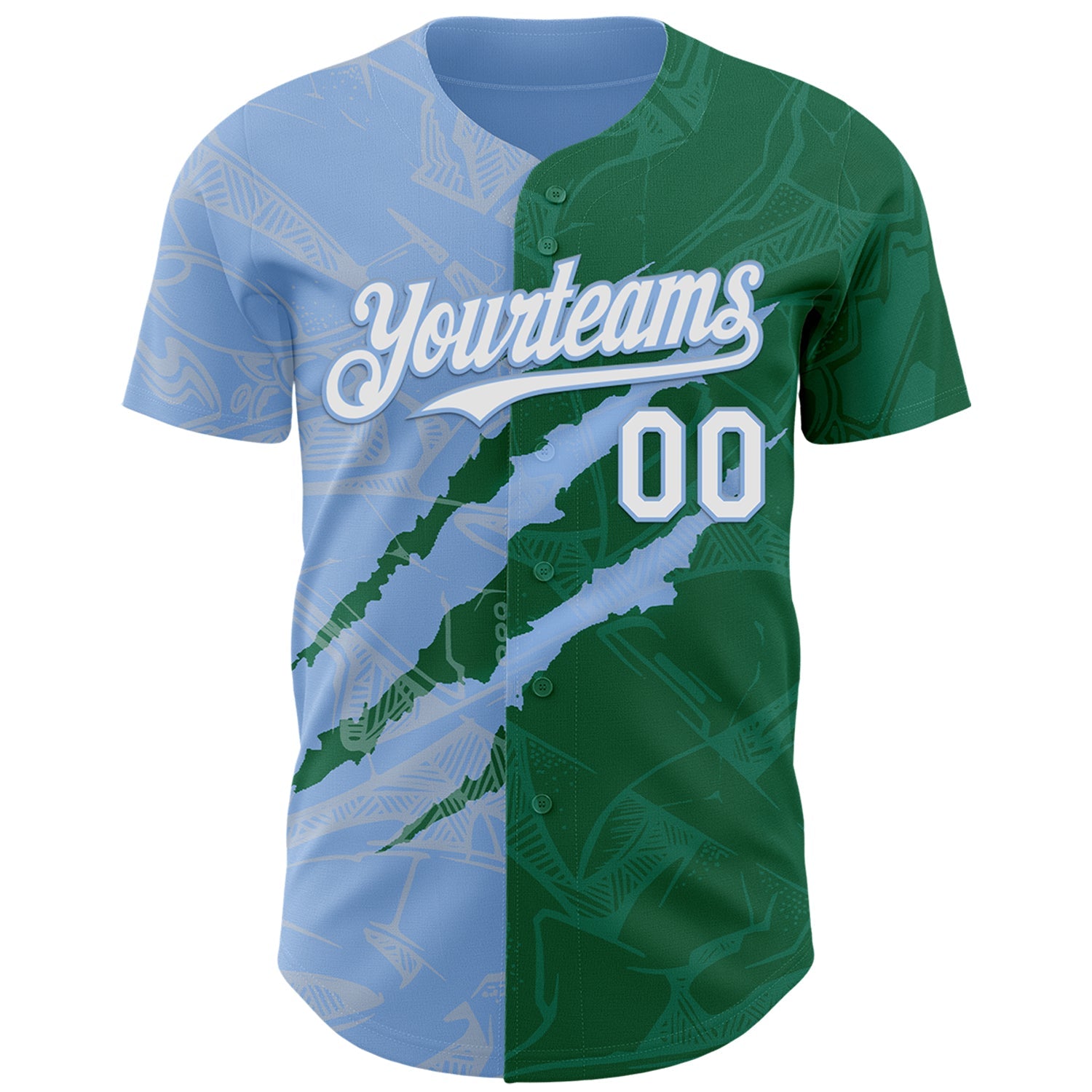 Custom Graffiti Pattern White Kelly Green-Light Blue 3D Scratch Authentic Baseball Jersey