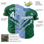 Custom Graffiti Pattern White Kelly Green-Light Blue 3D Scratch Authentic Baseball Jersey