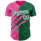 Custom Graffiti Pattern White Kelly Green-Pink 3D Scratch Authentic Baseball Jersey