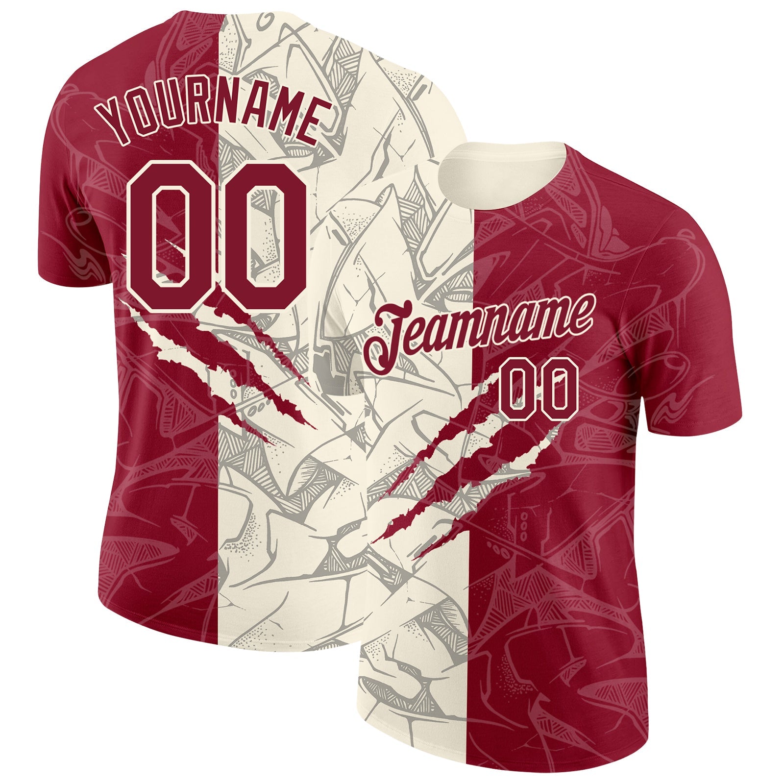 Custom Graffiti Pattern Crimson-Cream Scratch 3D Performance T-Shirt