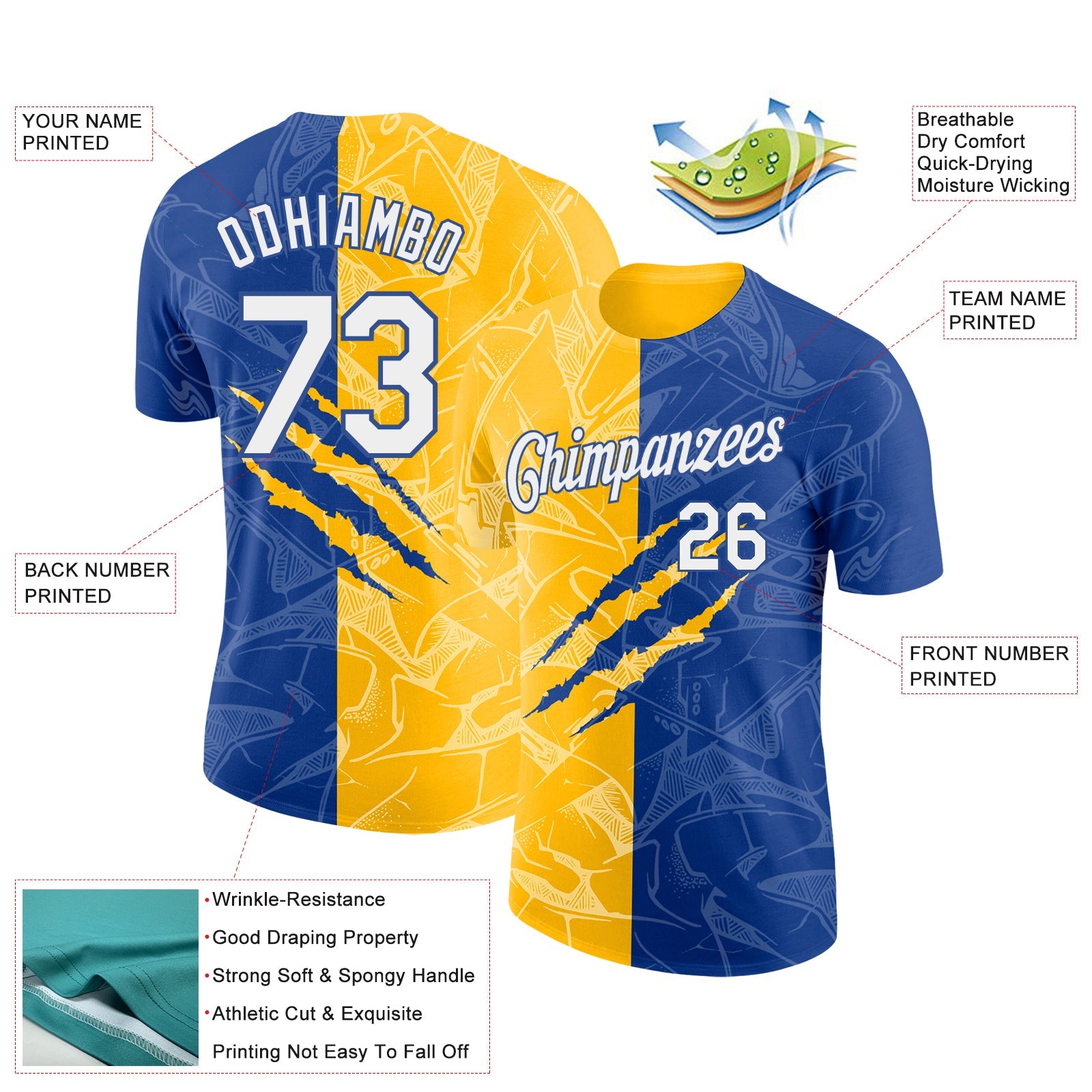 Custom Graffiti Pattern White Royal-Gold Scratch 3D Performance T-Shirt