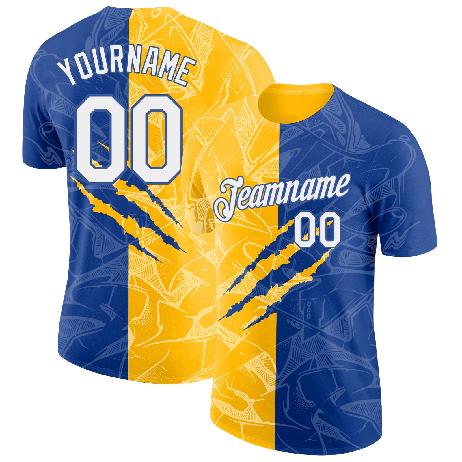 Custom Graffiti Pattern White Royal-Gold Scratch 3D Performance T-Shirt