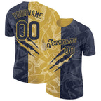 Custom Graffiti Pattern Navy-Old Gold Scratch 3D Performance T-Shirt