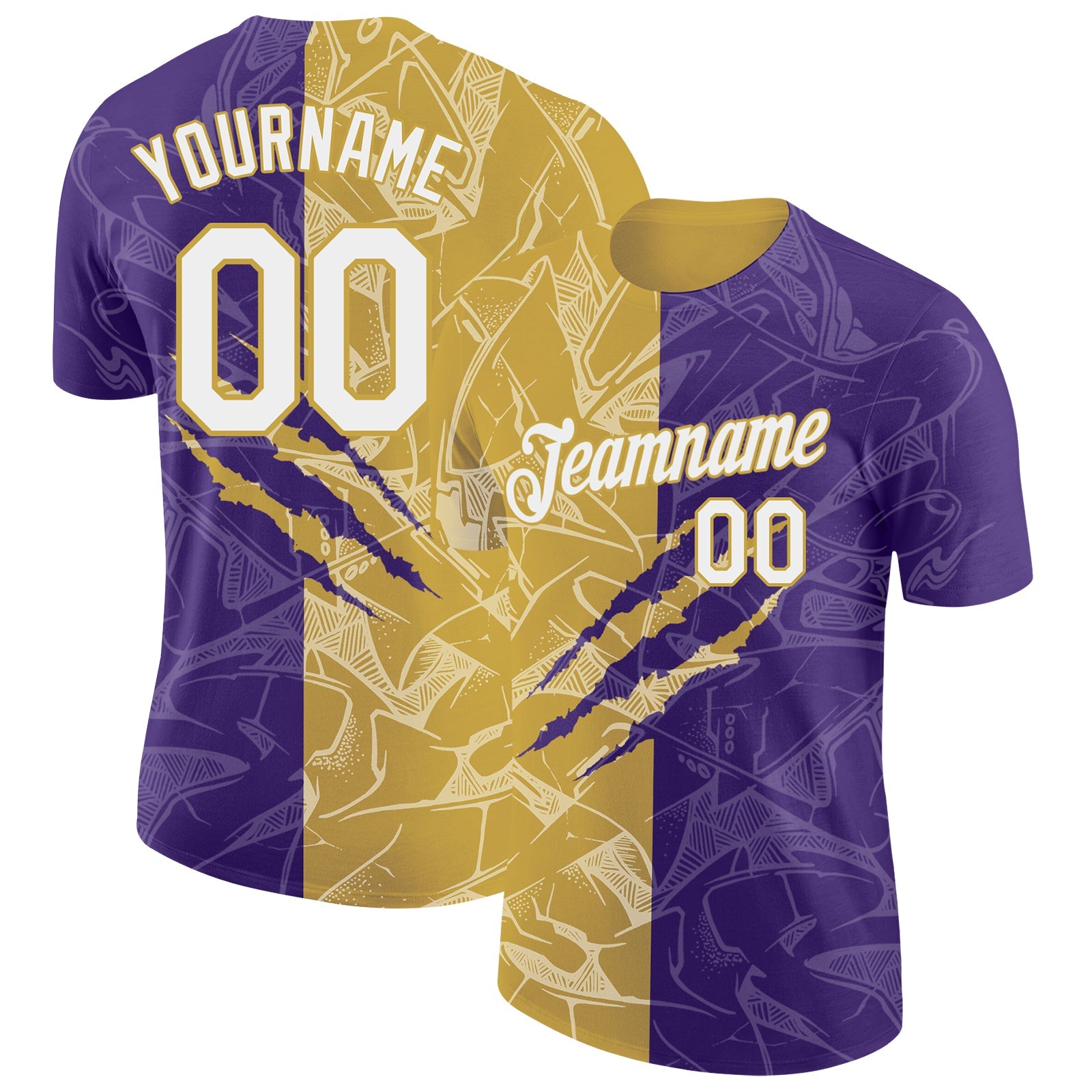 Custom Graffiti Pattern White Purple-Old Gold Scratch 3D Performance T-Shirt
