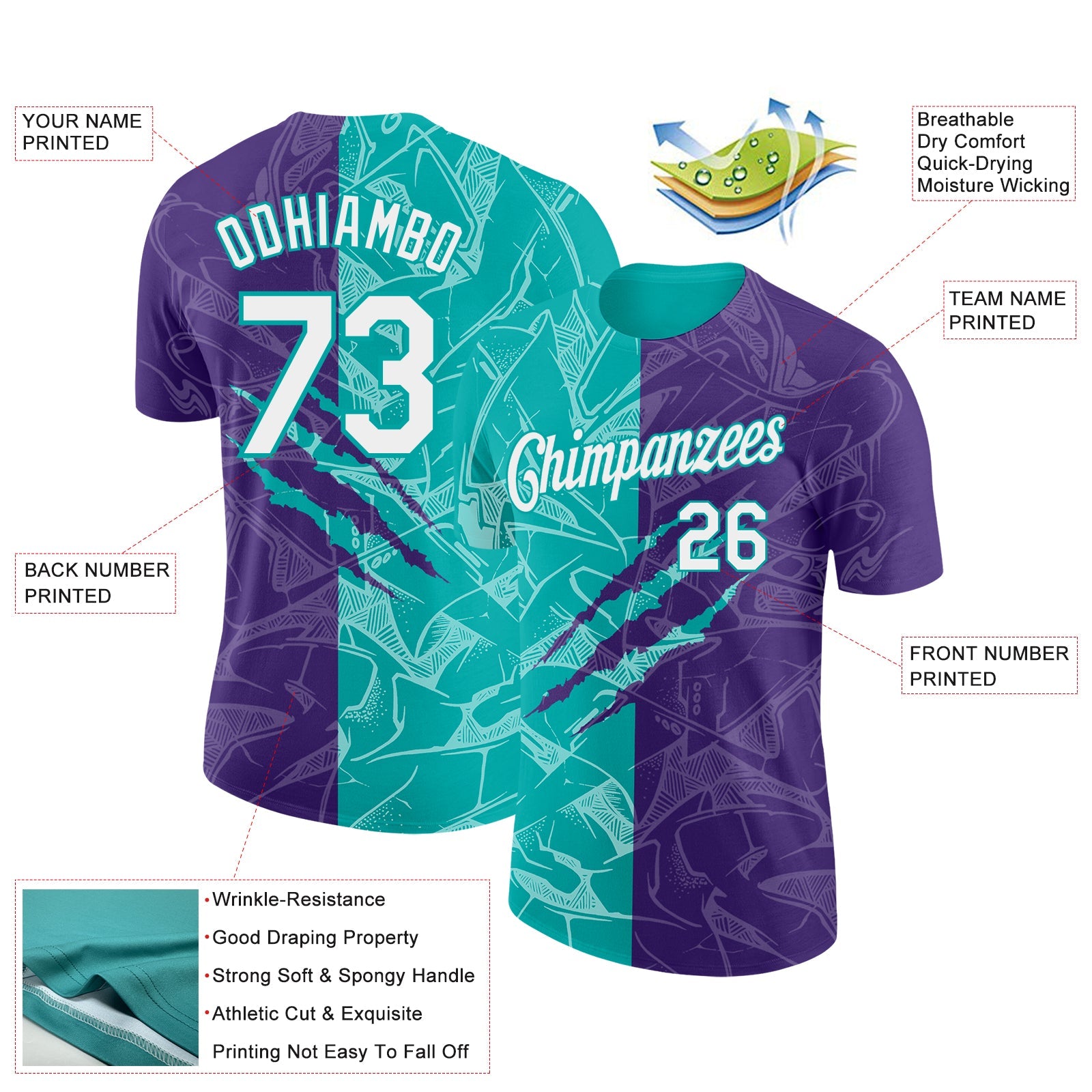 Custom Graffiti Pattern White Purple-Aqua Scratch 3D Performance T-Shirt