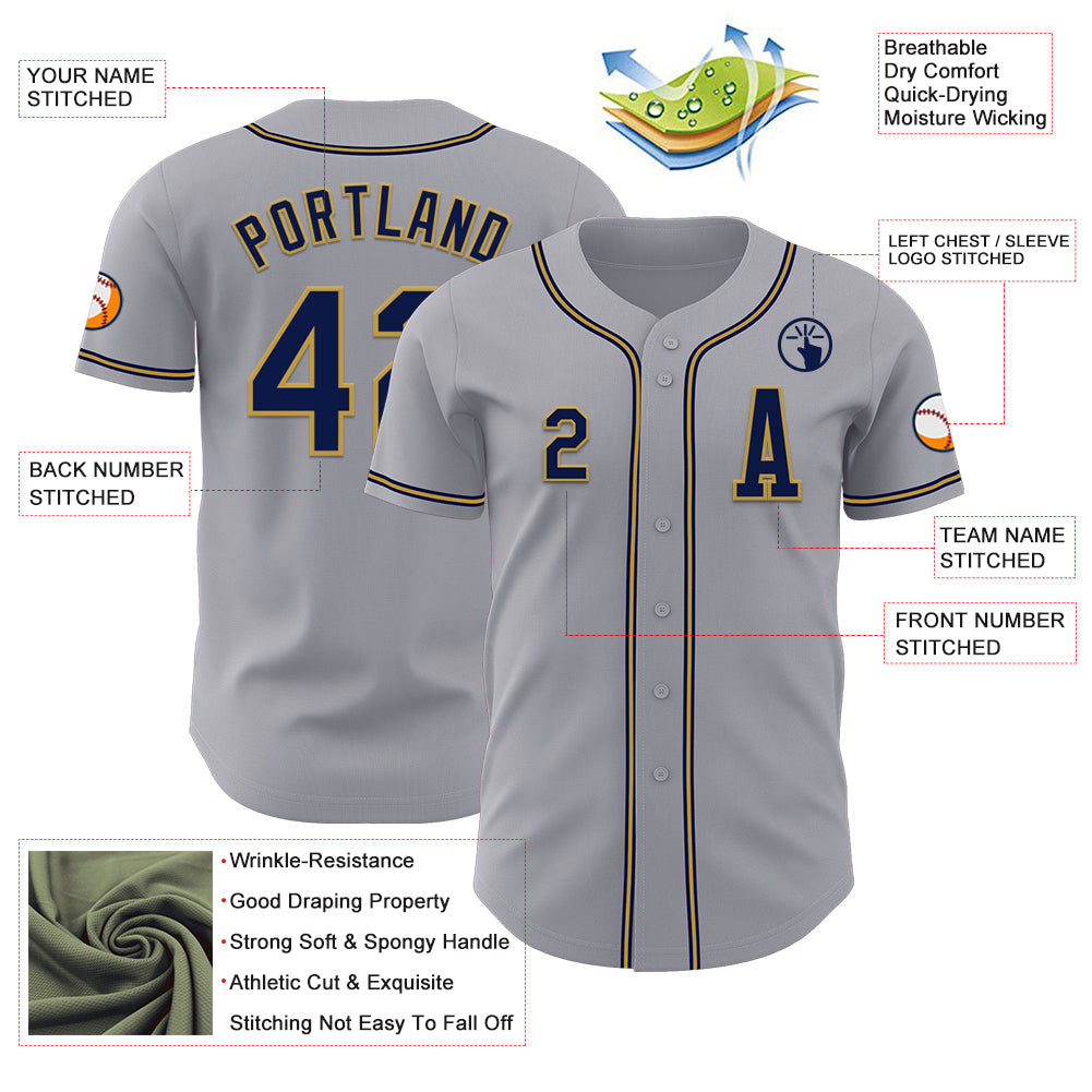 Custom Gray Navy-Old Gold Authentic Baseball Jersey