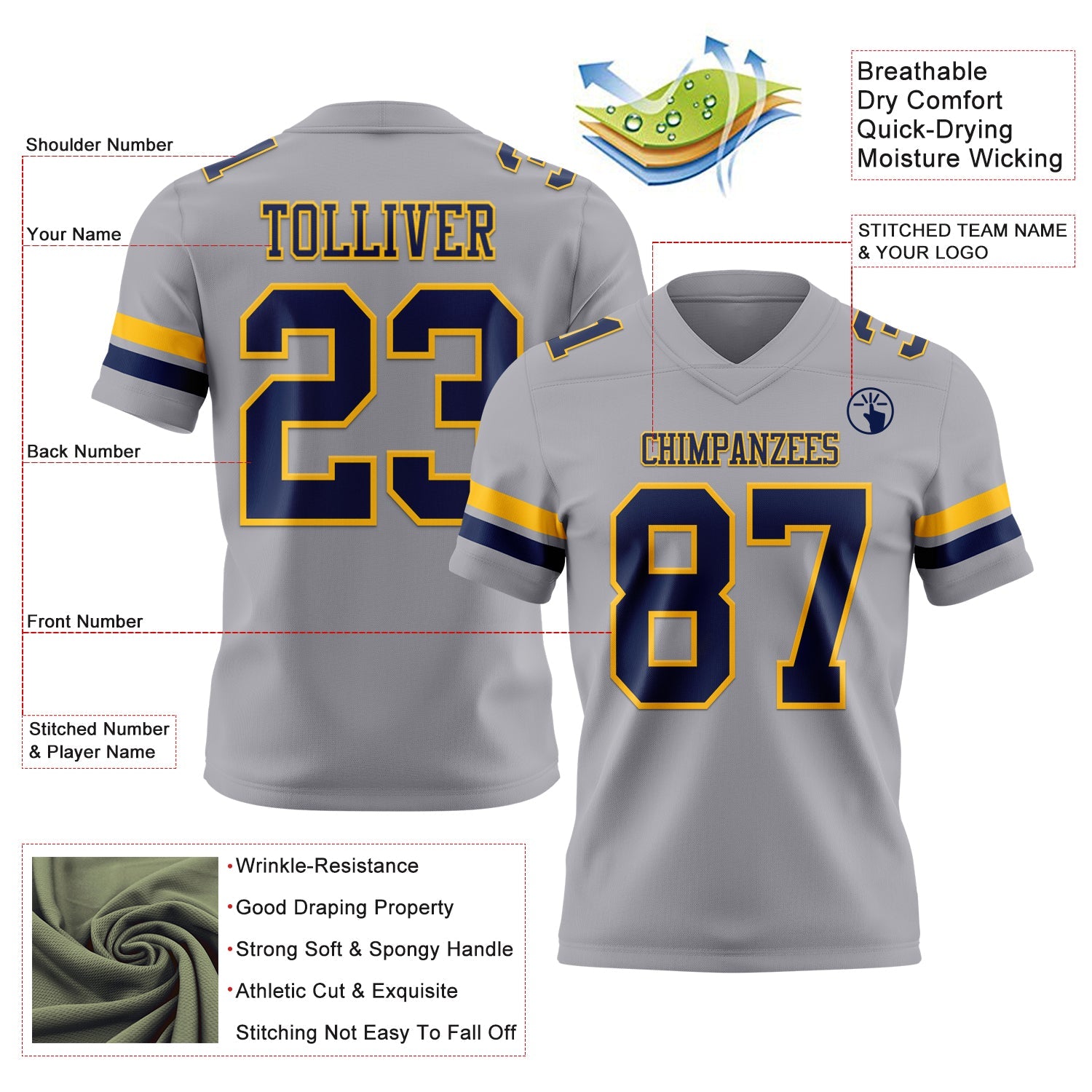 Custom Gray Navy-Gold Authentic Football Jersey