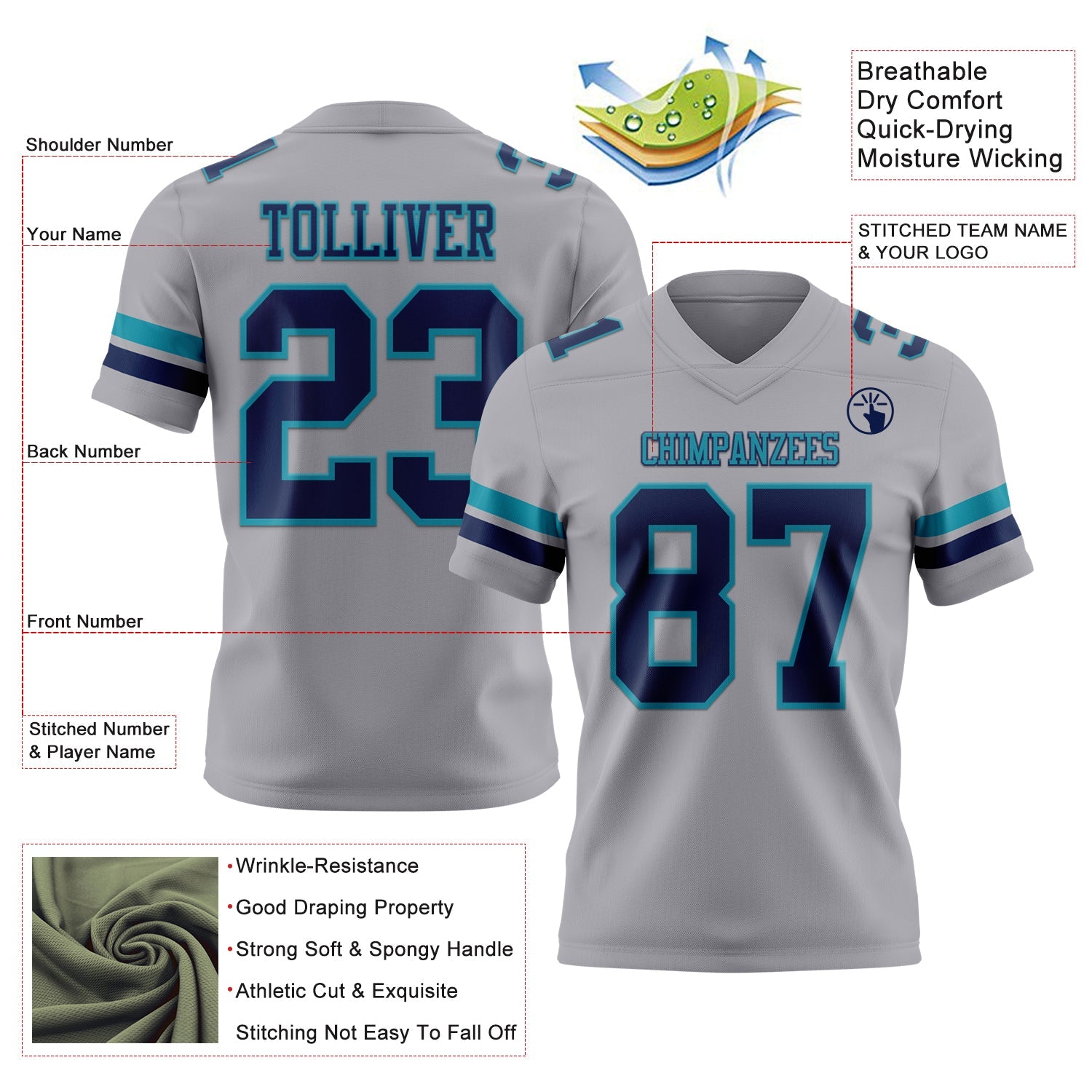 Custom Gray Navy-Teal Authentic Football Jersey