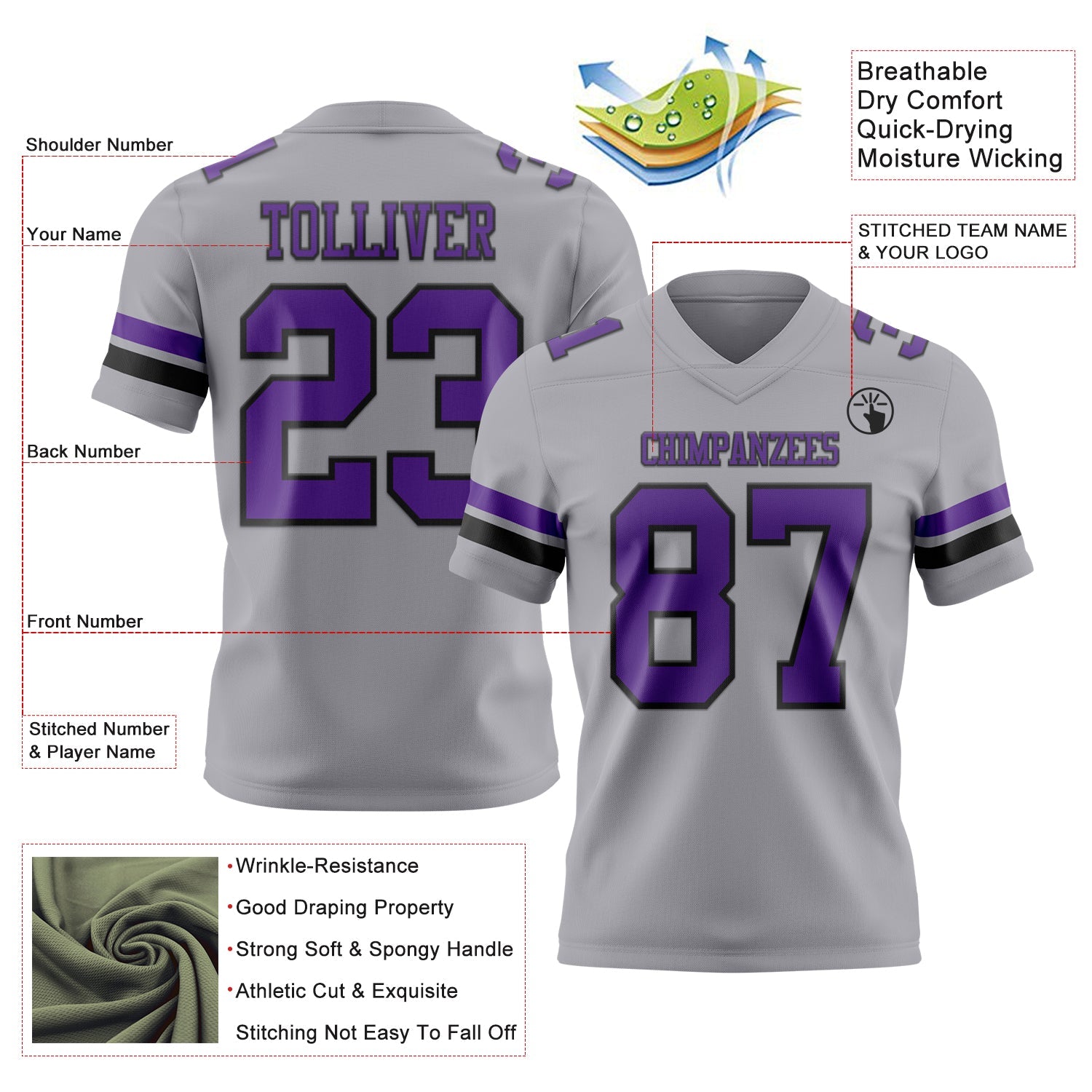 Custom Gray Purple-Black Authentic Football Jersey