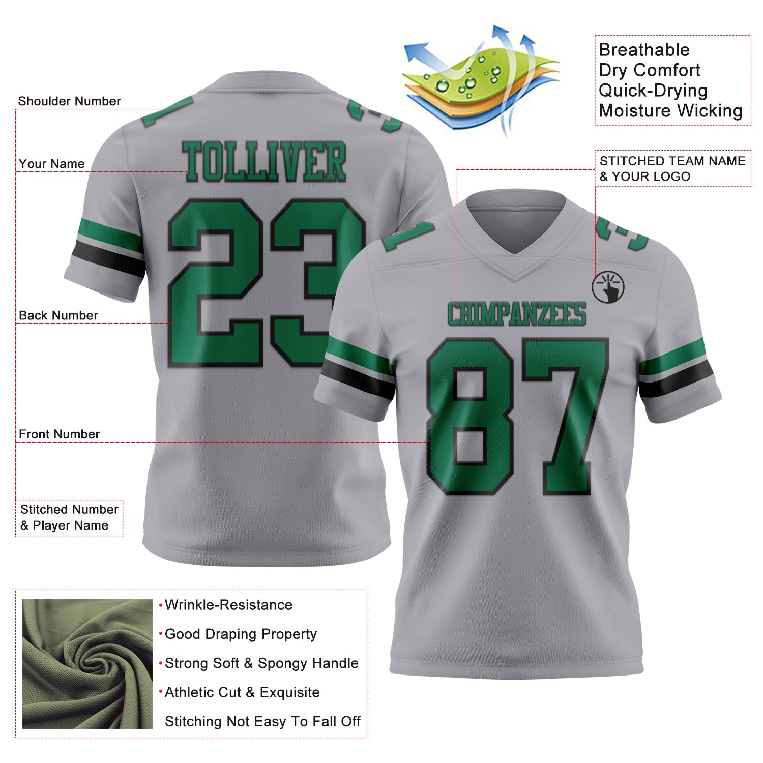 Custom Gray Kelly Green-Black Authentic Football Jersey