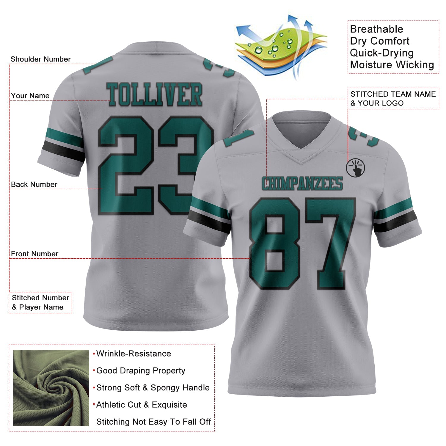 Custom Gray Midnight Green-Black Authentic Football Jersey