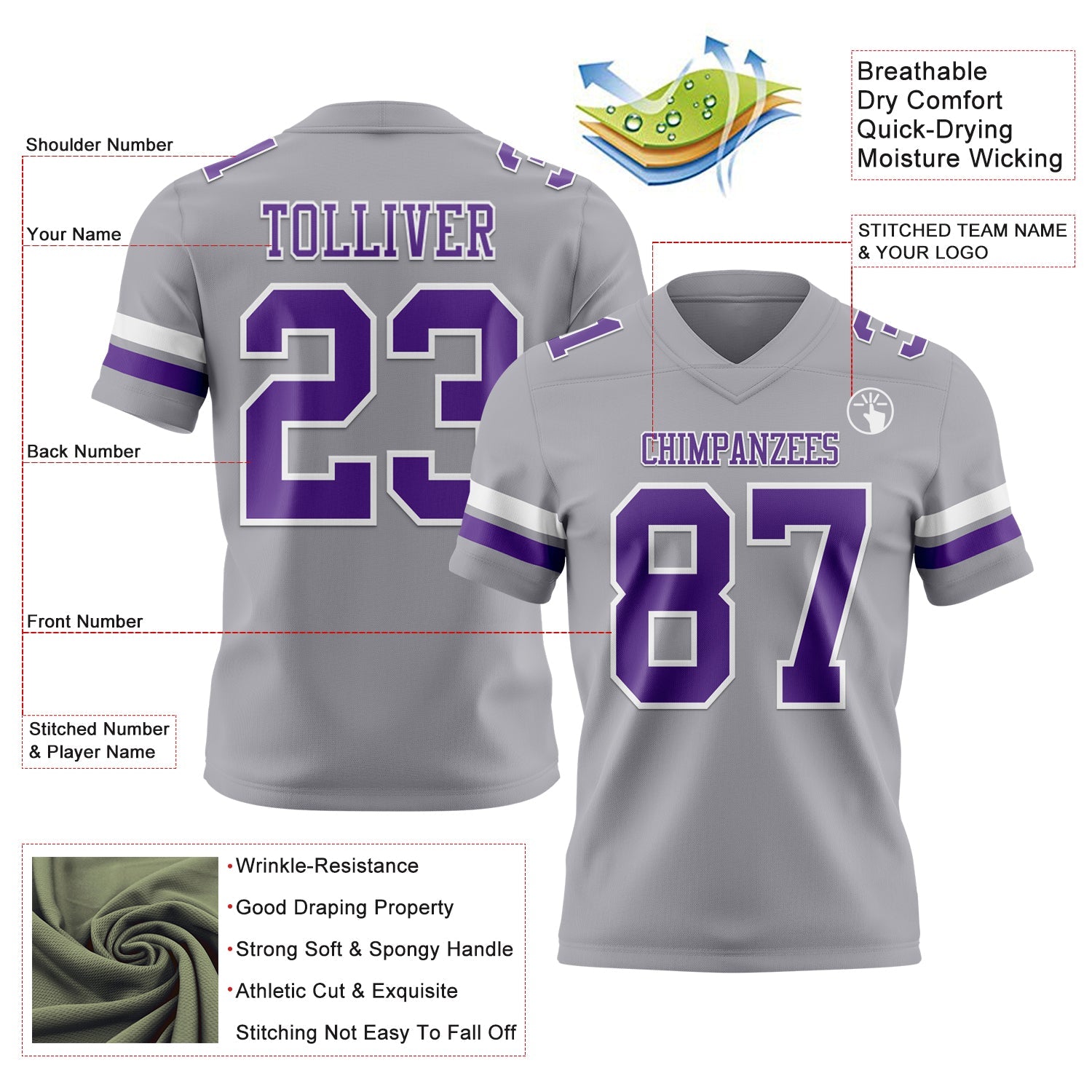 Custom Gray Purple-White Authentic Football Jersey