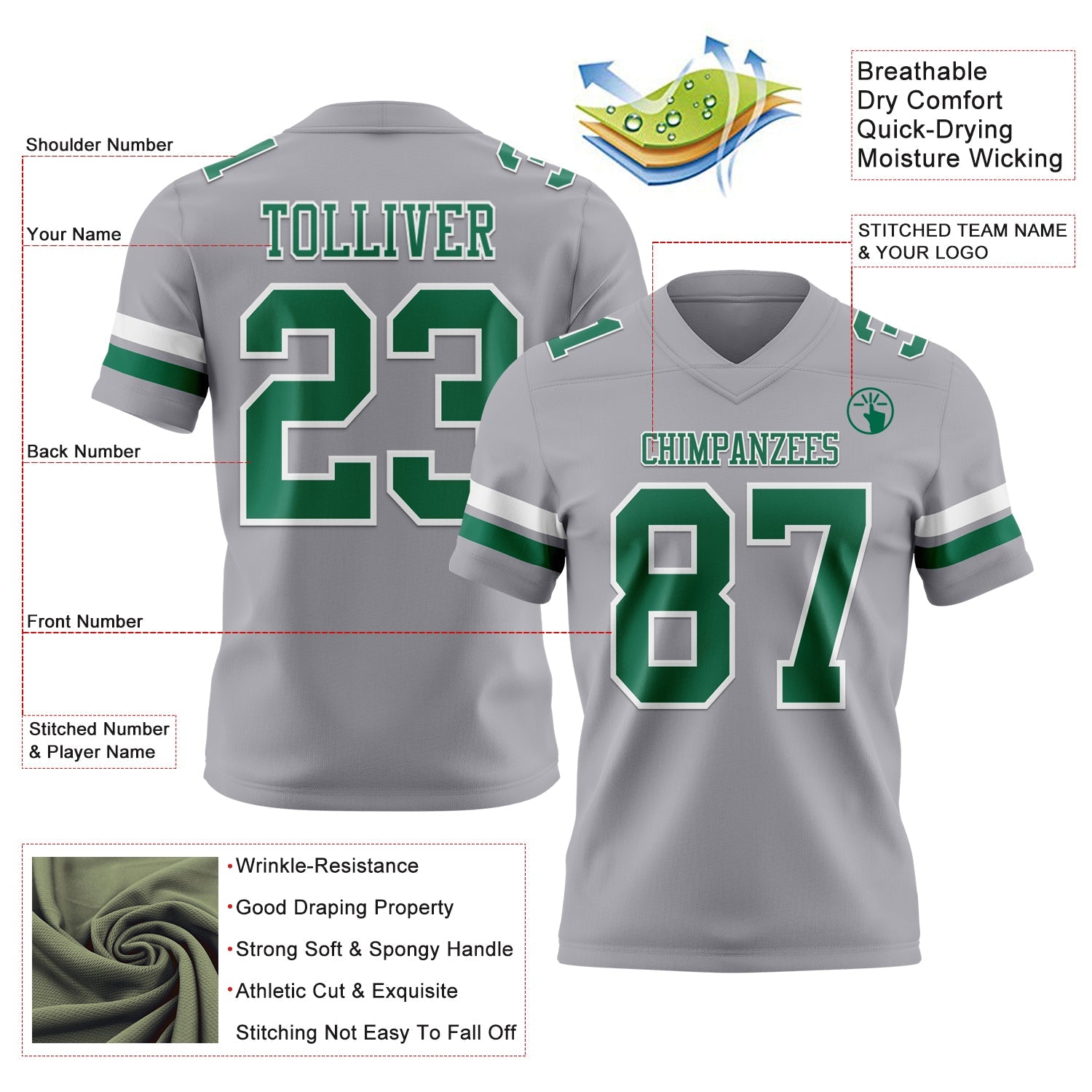 Custom Gray Kelly Green-White Authentic Football Jersey