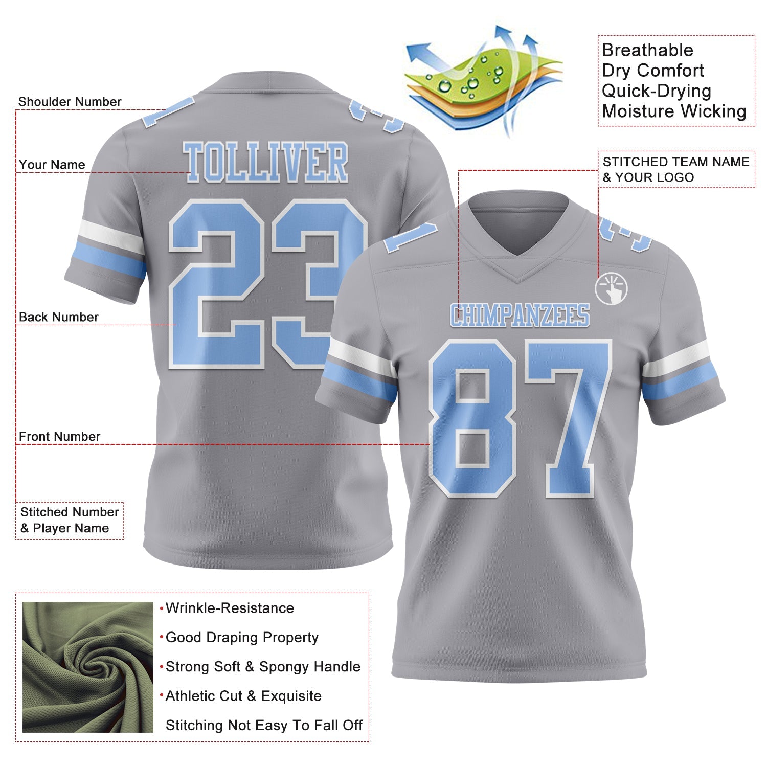 Custom Gray Light Blue-White Authentic Football Jersey