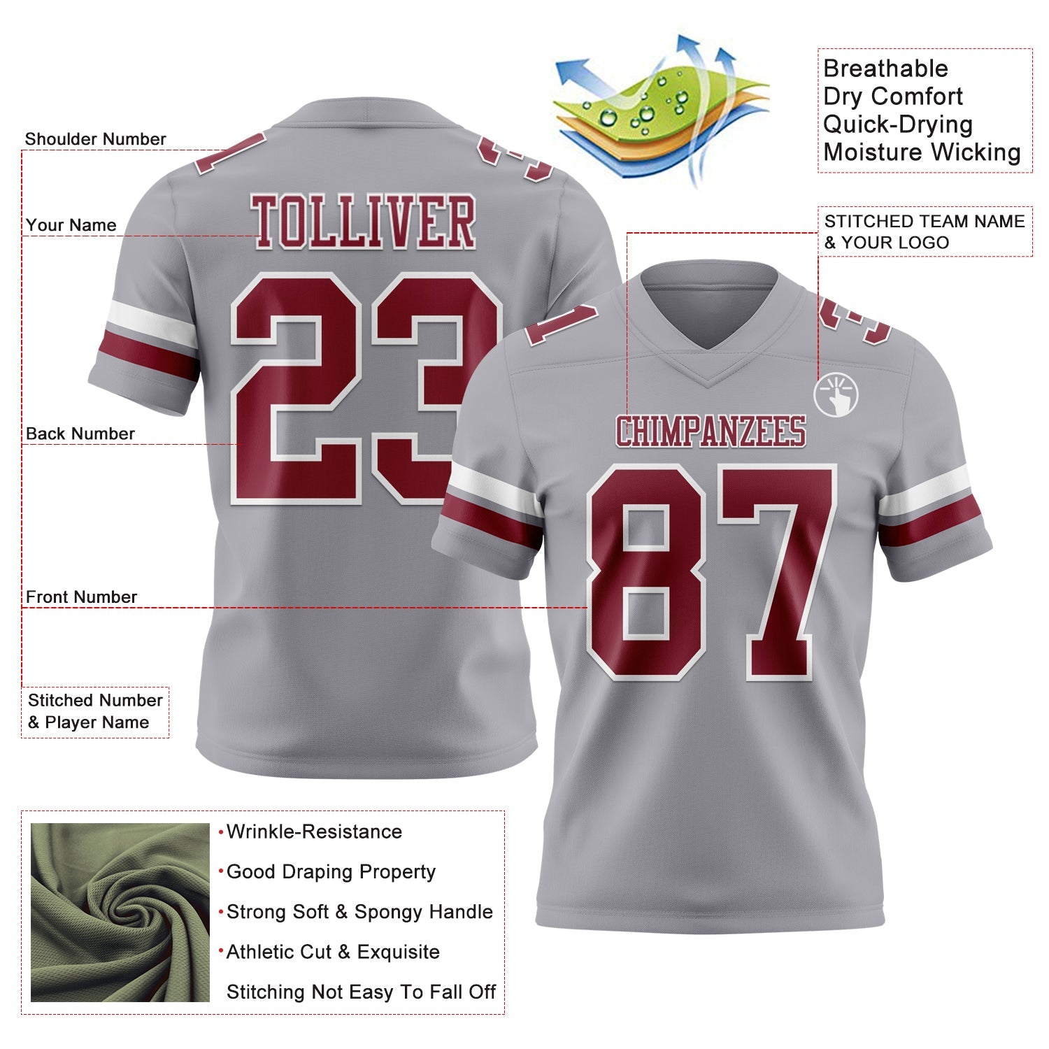 Custom Gray Crimson-White Authentic Football Jersey