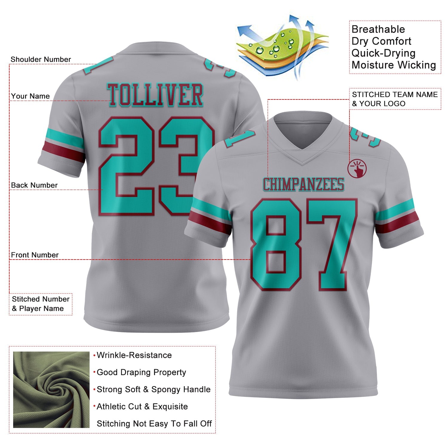 Custom Gray Aqua-Crimson Authentic Football Jersey