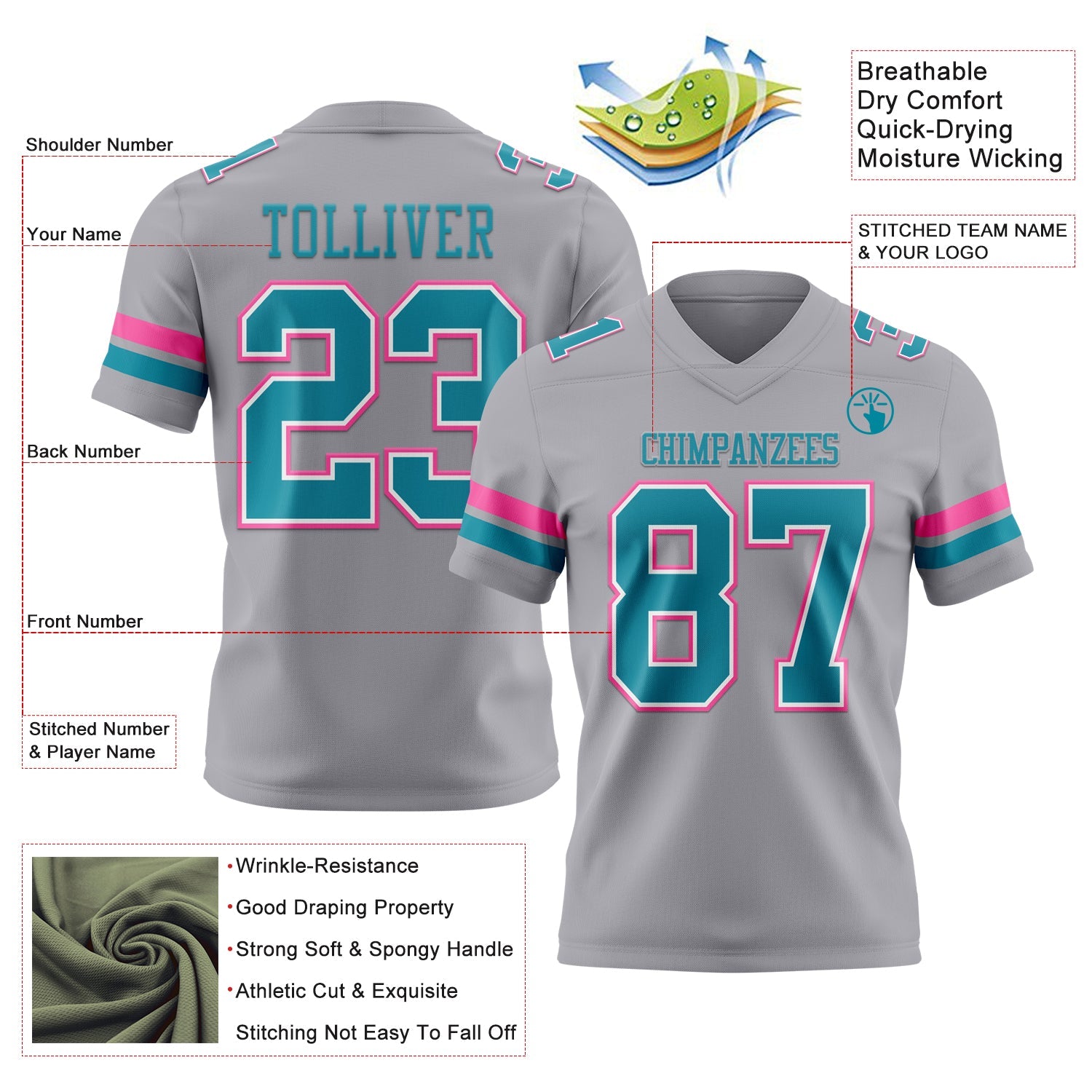 Custom Gray Teal White-Pink Authentic Football Jersey