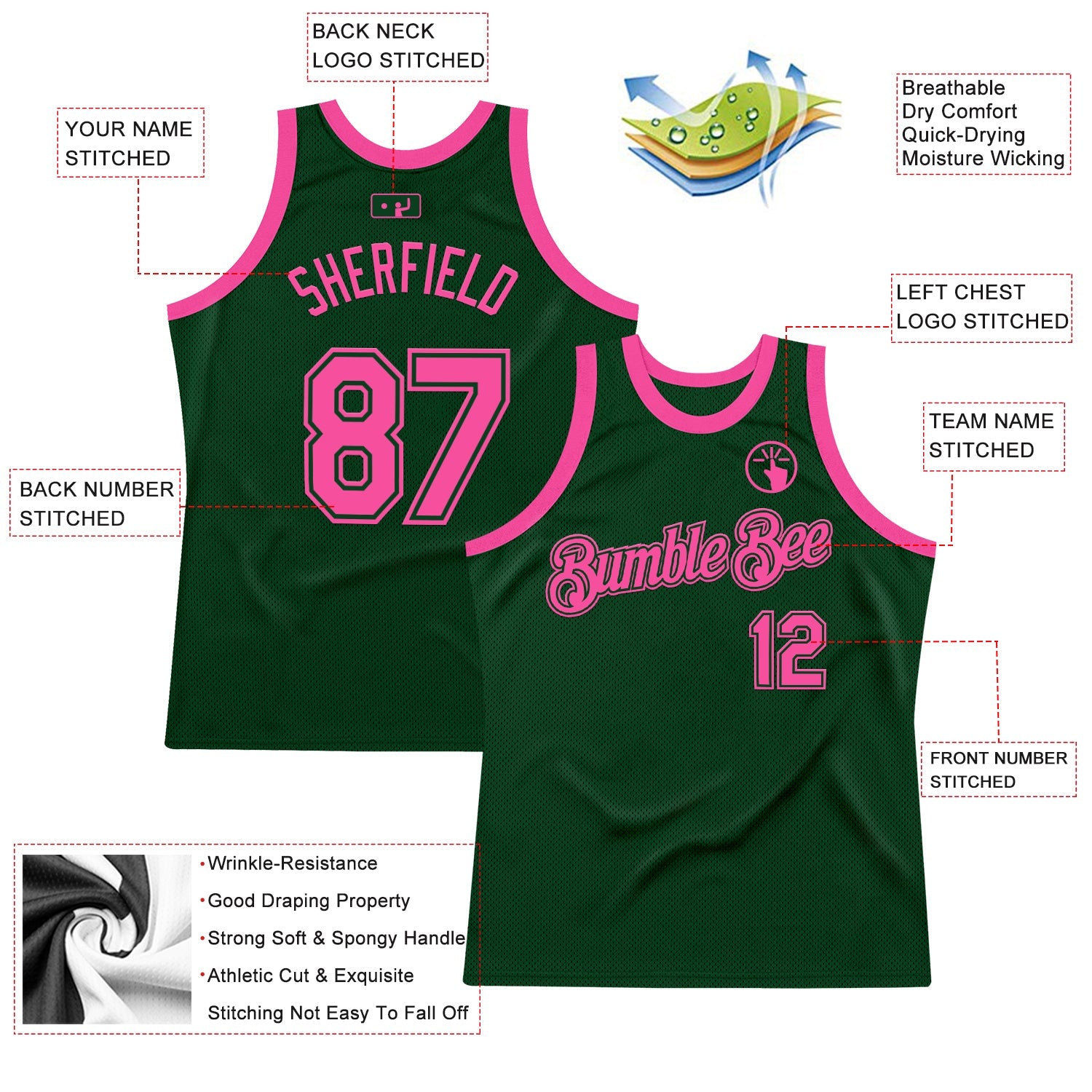 Custom Green Pink Authentic Throwback Basketball Jersey