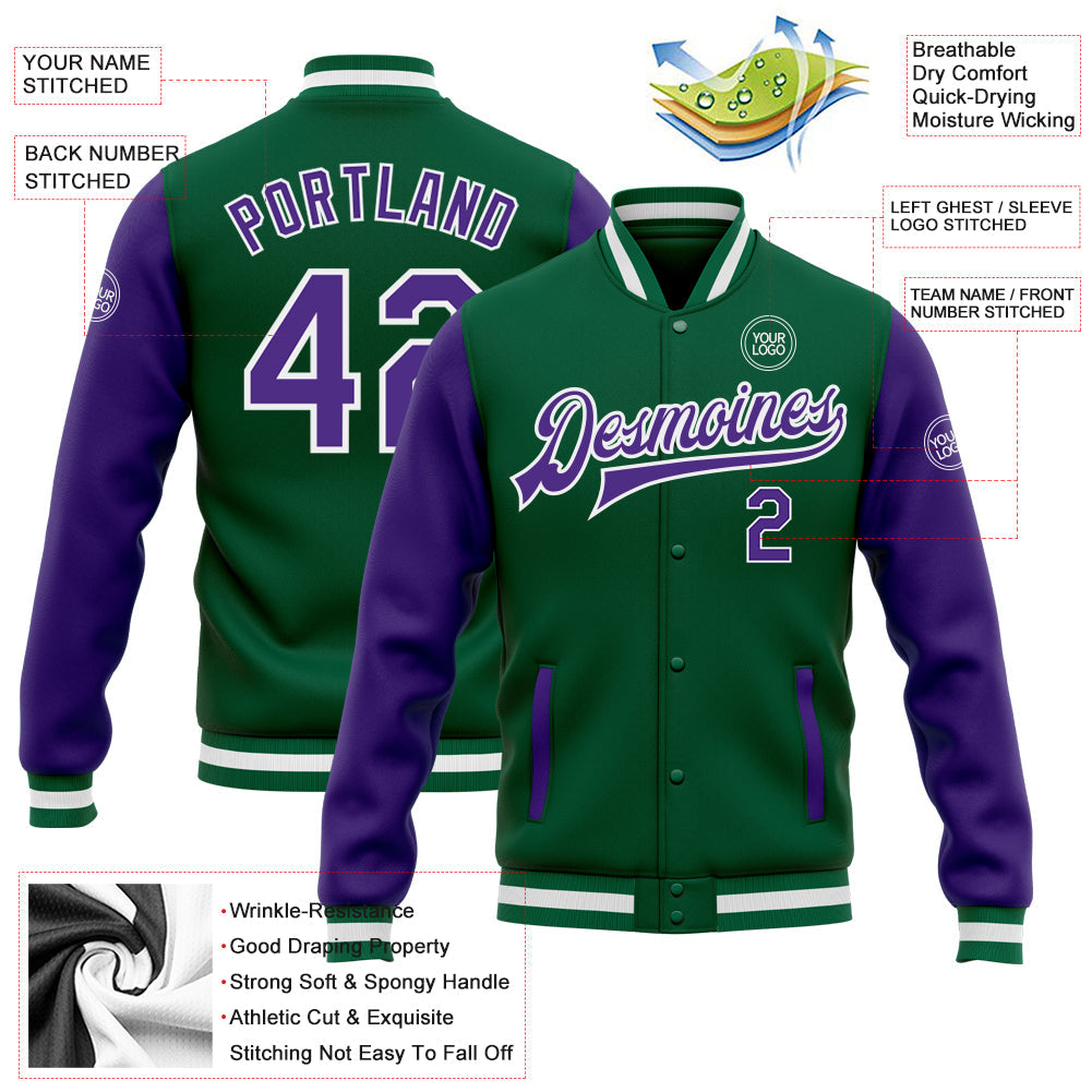 Custom Kelly Green Purple-White Bomber Full-Snap Varsity Letterman Two Tone Jacket