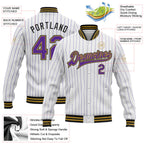 Custom White Purple Pinstripe Old Gold-Black Bomber Full-Snap Varsity Letterman Jacket
