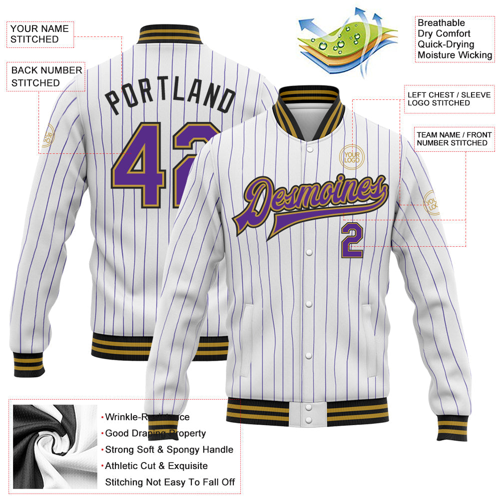 Custom White Purple Pinstripe Old Gold-Black Bomber Full-Snap Varsity Letterman Jacket