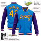 Custom Powder Blue Gold-Purple Bomber Full-Snap Varsity Letterman Two Tone Jacket