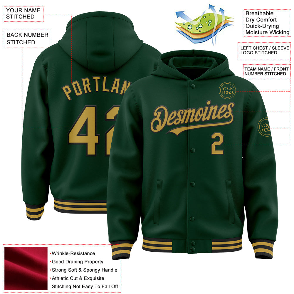 Custom Green Old Gold-Black Bomber Full-Snap Varsity Letterman Hoodie Jacket