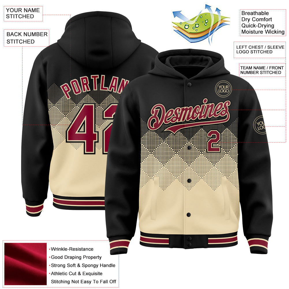 Custom Black City Cream-Crimson Gradient Square Shape 3D Pattern Design Bomber Full-Snap Varsity Letterman Hoodie Jacket