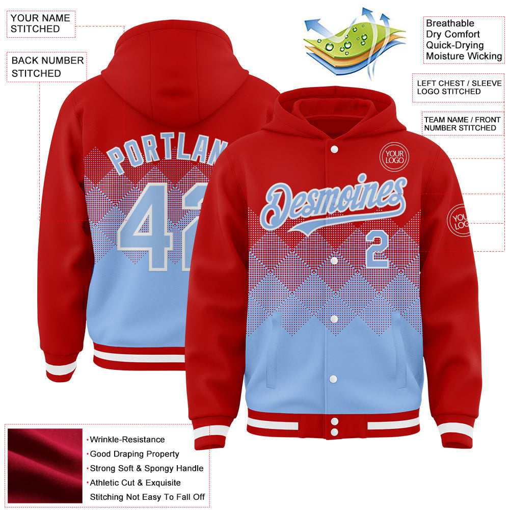 Custom Red Light Blue-White Gradient Square Shape 3D Pattern Design Bomber Full-Snap Varsity Letterman Hoodie Jacket