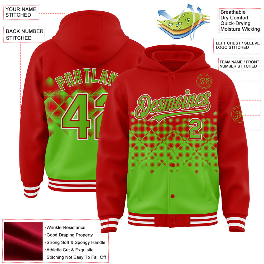 Custom Red Aurora Green-White Gradient Square Shape 3D Pattern Design Bomber Full-Snap Varsity Letterman Hoodie Jacket