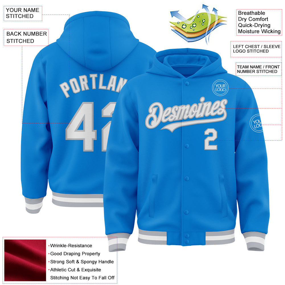 Custom Powder Blue White-Gray Bomber Full-Snap Varsity Letterman Hoodie Jacket