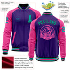 Custom Purple Aqua Black-Pink Bomber Varsity Letterman Two Tone Zipper Jacket