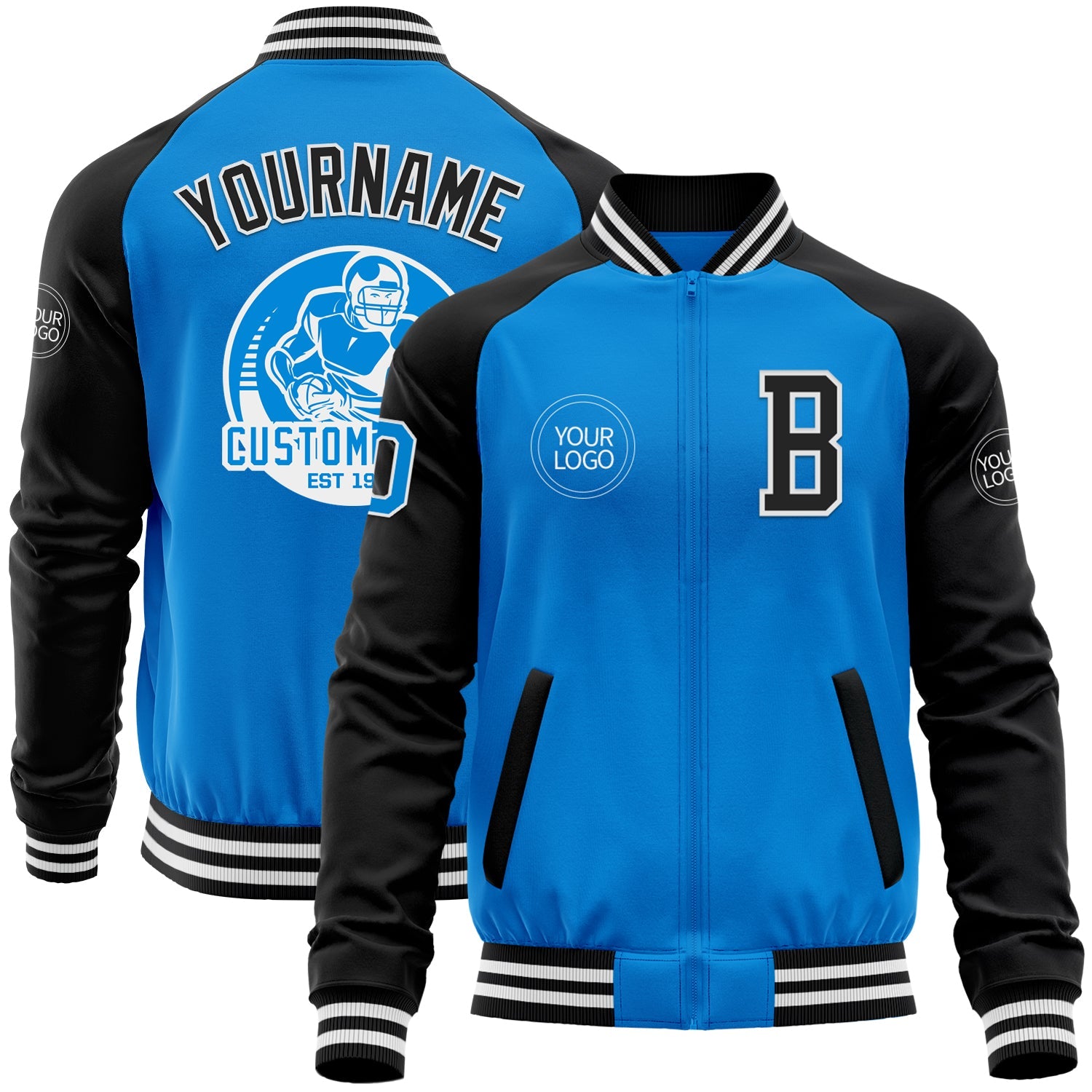 Custom Powder Blue White-Black Bomber Varsity Letterman Two Tone Zipper Jacket