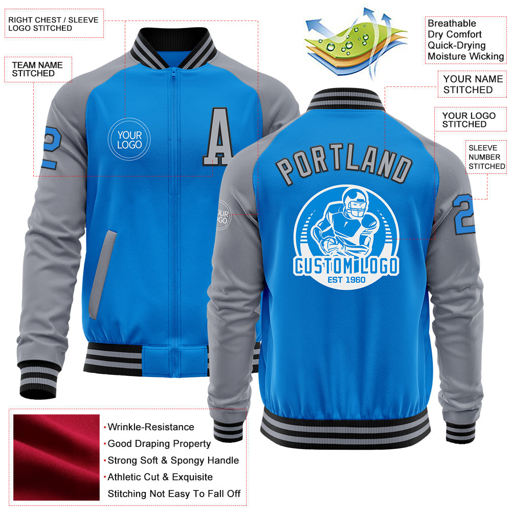 Custom Powder Blue Black-Gray Bomber Varsity Letterman Two Tone Zipper Jacket