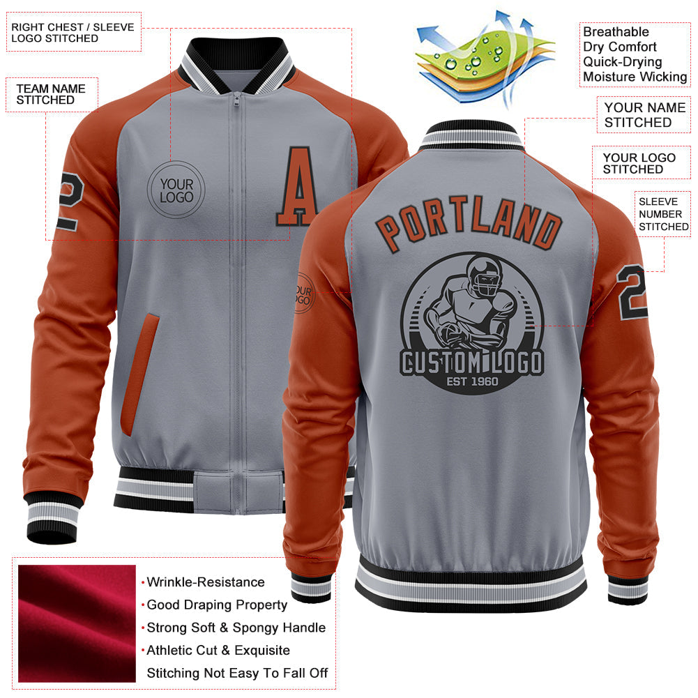 Custom Gray Black-Texas Orange Bomber Varsity Letterman Two Tone Zipper Jacket