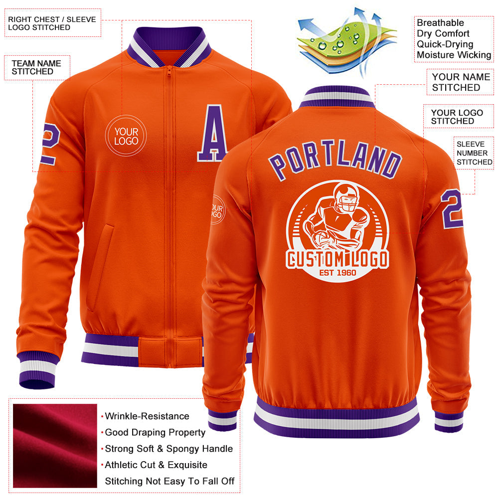 Custom Orange Purple-White Bomber Varsity Letterman Zipper Jacket