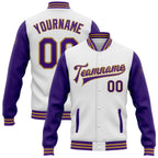 Custom White Purple-Old Gold Bomber Full-Snap Varsity Letterman Two Tone Jacket
