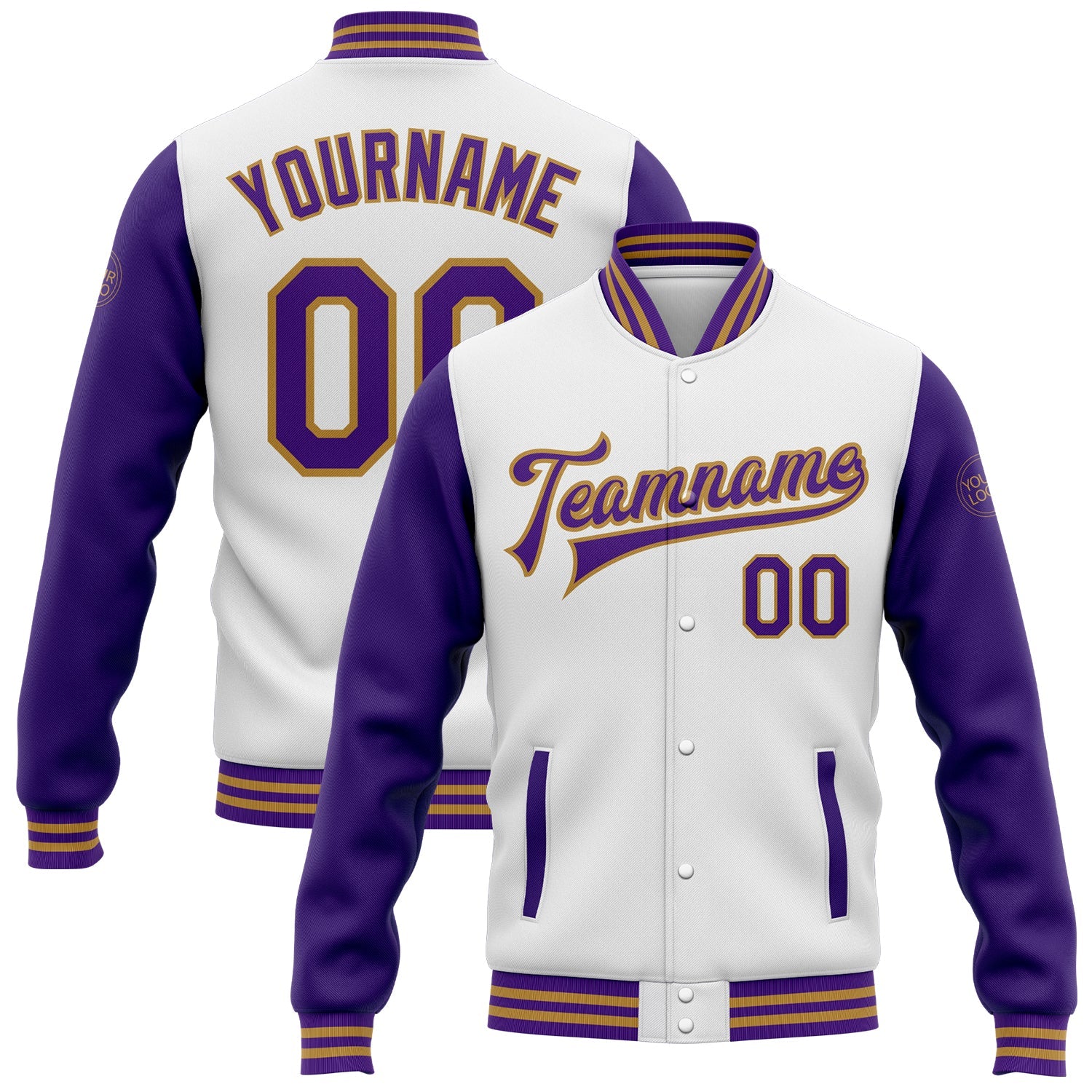 Custom White Purple-Old Gold Bomber Full-Snap Varsity Letterman Two Tone Jacket