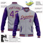 Custom Gray Purple-Old Gold Bomber Full-Snap Varsity Letterman Two Tone Jacket