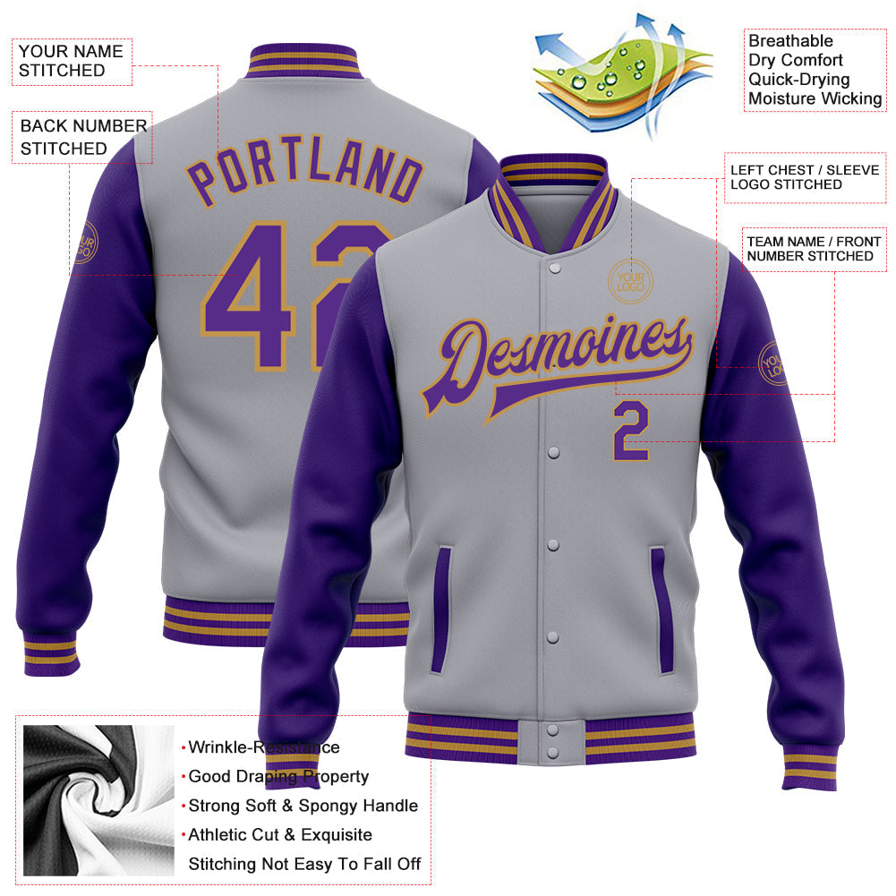 Custom Gray Purple-Old Gold Bomber Full-Snap Varsity Letterman Two Tone Jacket
