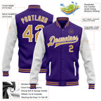 Custom Purple Old Gold-White Bomber Full-Snap Varsity Letterman Two Tone Jacket