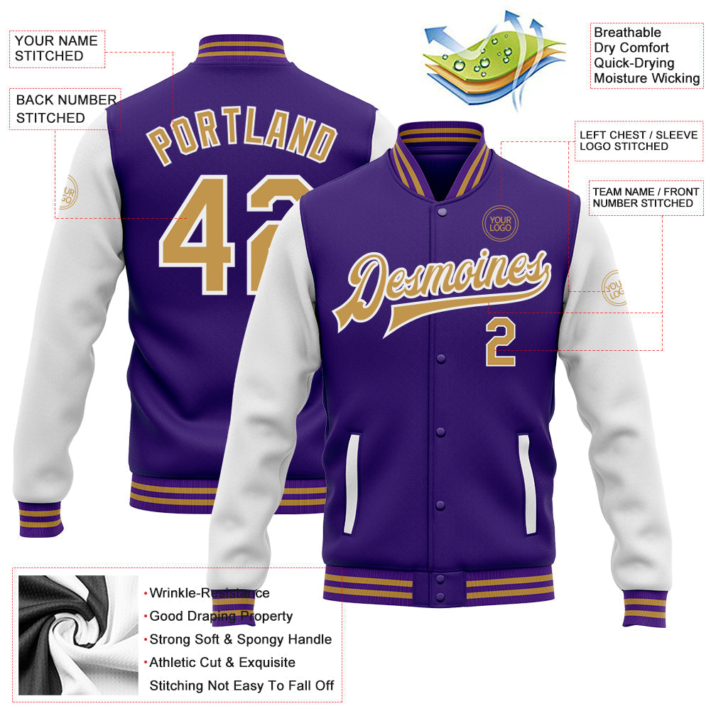 Custom Purple Old Gold-White Bomber Full-Snap Varsity Letterman Two Tone Jacket