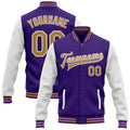 Custom Purple Old Gold-White Bomber Full-Snap Varsity Letterman Two Tone Jacket