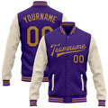 Custom Purple Old Gold-Cream Bomber Full-Snap Varsity Letterman Two Tone Jacket