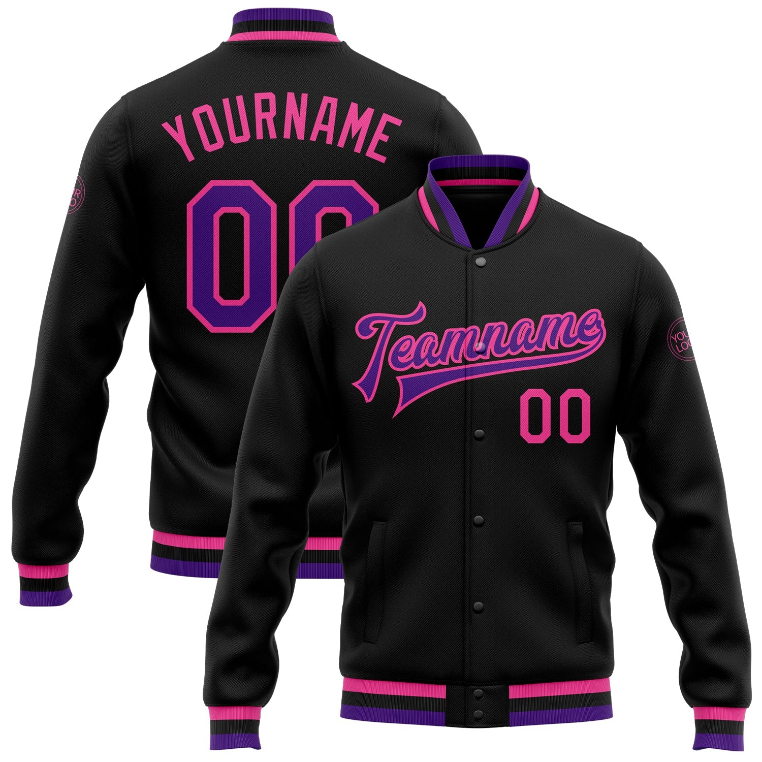Custom Black Purple-Pink Bomber Full-Snap Varsity Letterman Jacket
