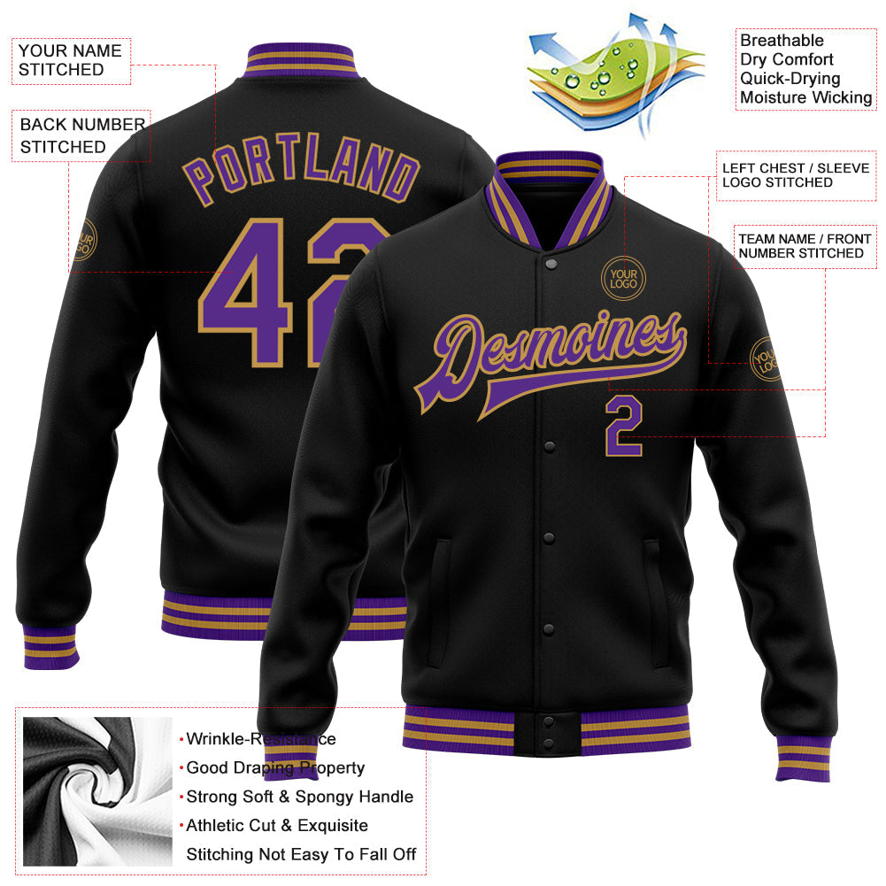 Custom Black Purple-Old Gold Bomber Full-Snap Varsity Letterman Jacket