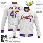 Custom White Purple-Old Gold Bomber Full-Snap Varsity Letterman Jacket