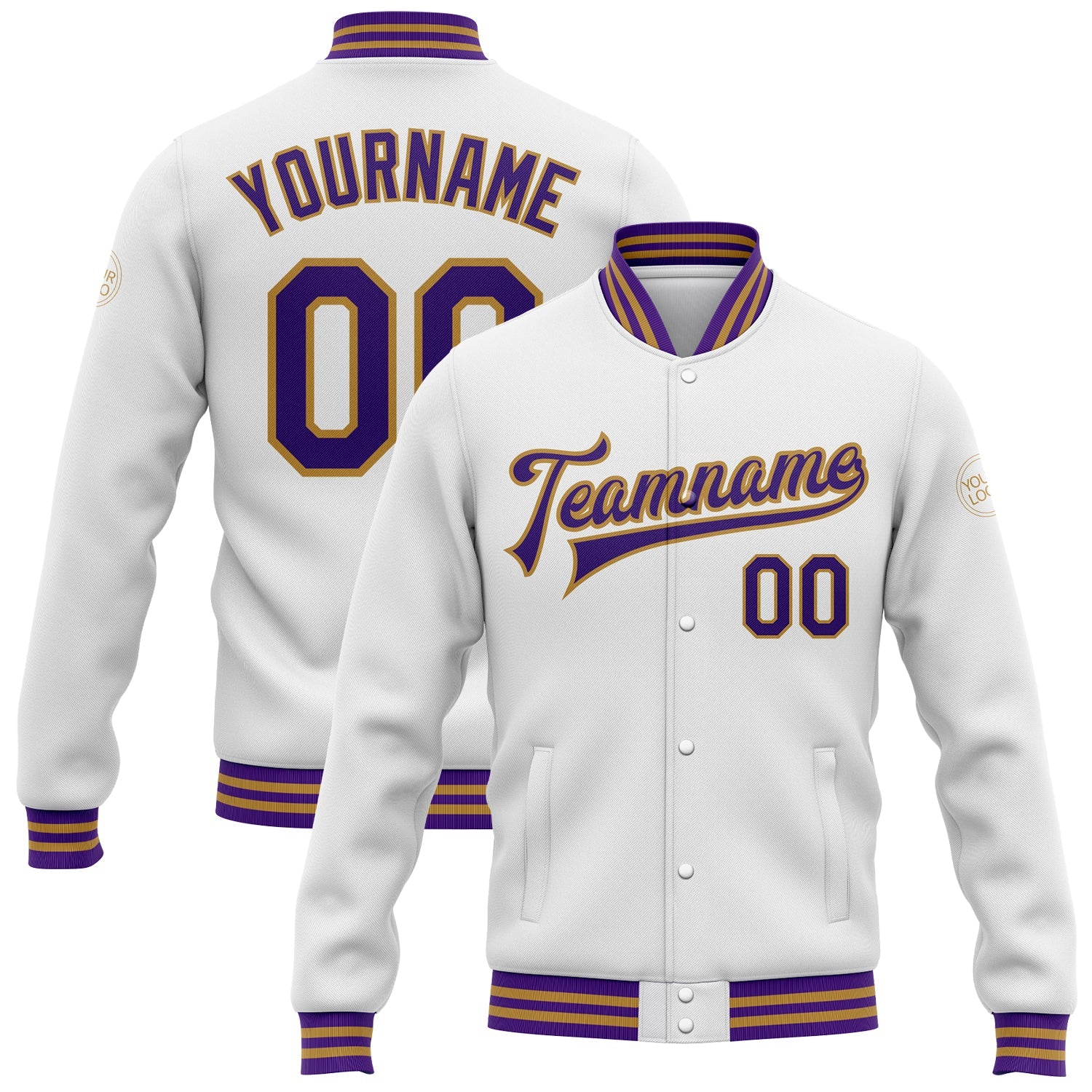 Custom White Purple-Old Gold Bomber Full-Snap Varsity Letterman Jacket