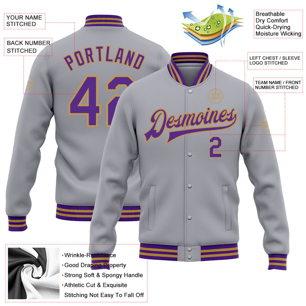 Custom Gray Purple-Old Gold Bomber Full-Snap Varsity Letterman Jacket